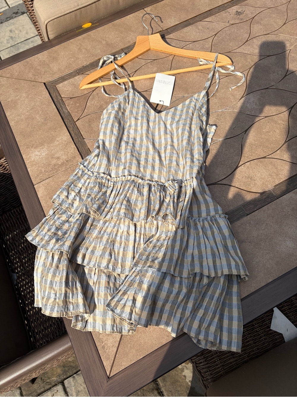 Zara Blue and Cream Gingham Tiered Mini Dress